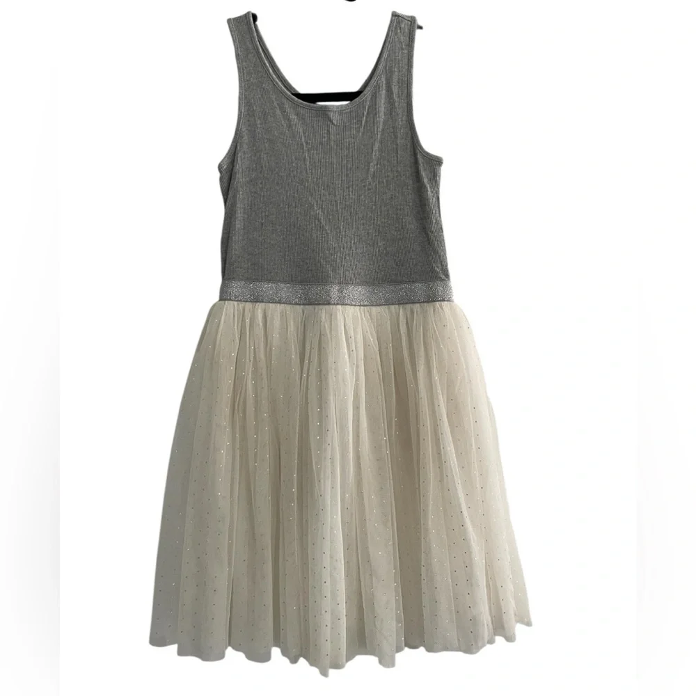 Girls 👗 GAP Gray and White Fit and Flare Dress Sleeveless Scoop Neck, size 10